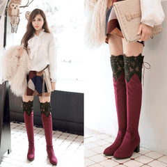 Increased Female Boots Sexy Knee High-heeled Boots Inside Hollow Lace