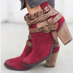 High-heeled boots rivet belt buckle thick with round head boots