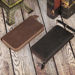 Genuine Leather Long Wallets for Men RFID Blocking Cash Credit Card Holder Checkbook Wallet Zipper Coin Pocket Purse Male