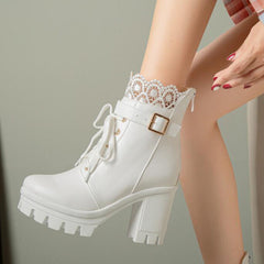 Lace Ankle Boots Lace-up Square Heeled Shoes Women White Black Boots
